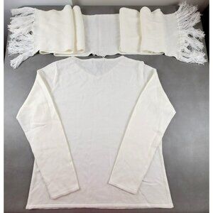 Womens Ivory Sweater V-Neck with Detachable Fringed Neck Scarf NWT  JH1414